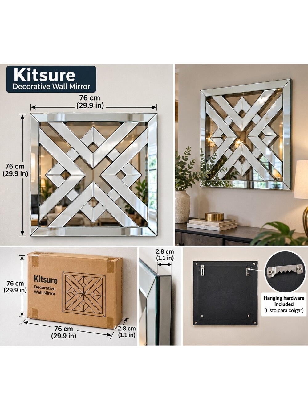 Kitsure Decorative Square Wall Mirror 29.9in x 29.9in with Geometric Design
